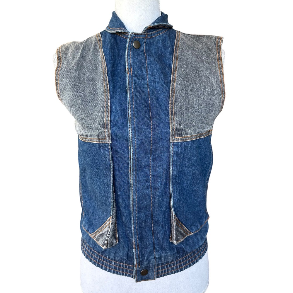 Vintage Complex Two Tone Denim Vest Blue Grey Paneled Snap Front‎ Mens Medium